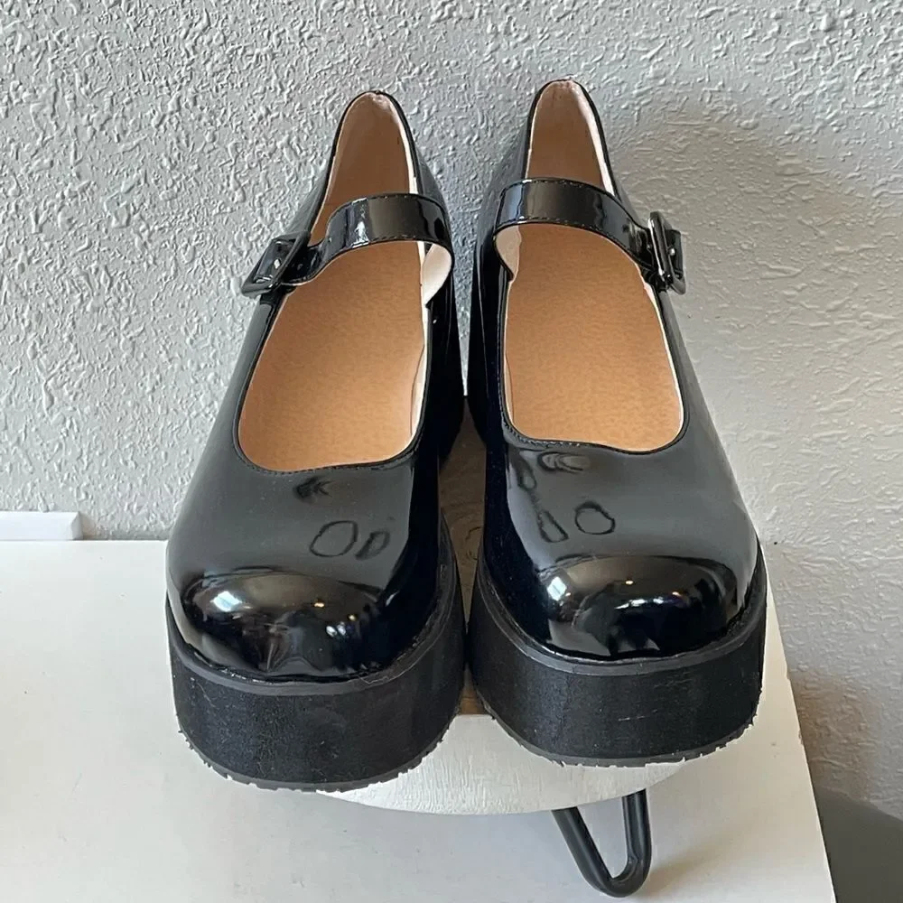 NWOT Unbranded Womens Shinny Black College Wedge Platform Mary Jane Shoe Size 46